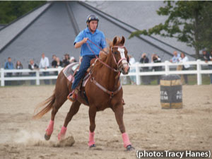 Hall of Fame Jockey Sandy Hawley barrel racing at the inaugural Equi-Challenge event